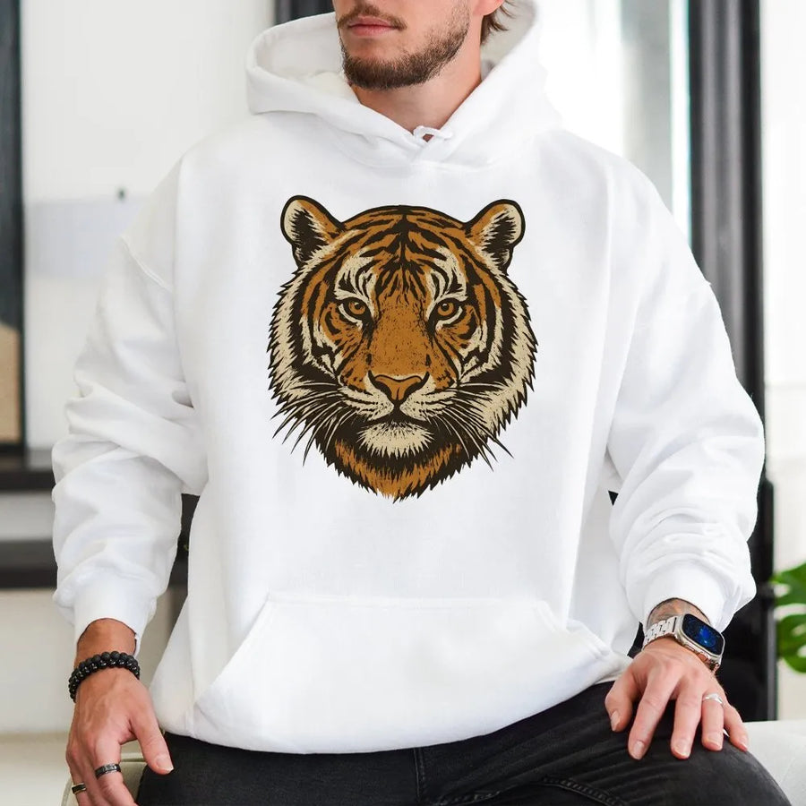 Vintage Tiger Hoodie | Retro 90s Graphic Wild Cat Face | Premium Cotton Blend | Jungle Animal Lover Gift
