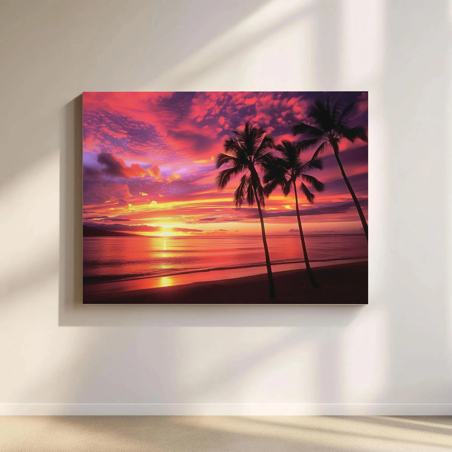 Tropical Sunset Canvas Wall Art | Vibrant Palm Tree Ocean Scenery | Gallery Quality Thick Canvas | Coastal Home Decor Gift