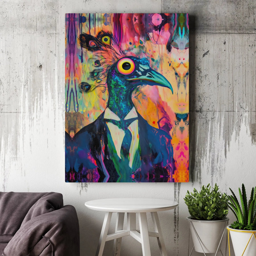 Psychedelic Peacock Wall Art | Quirky Bird in Suit Portrait | Premium Gallery-Wrapped Canvas | Eclectic Home Decor Gift