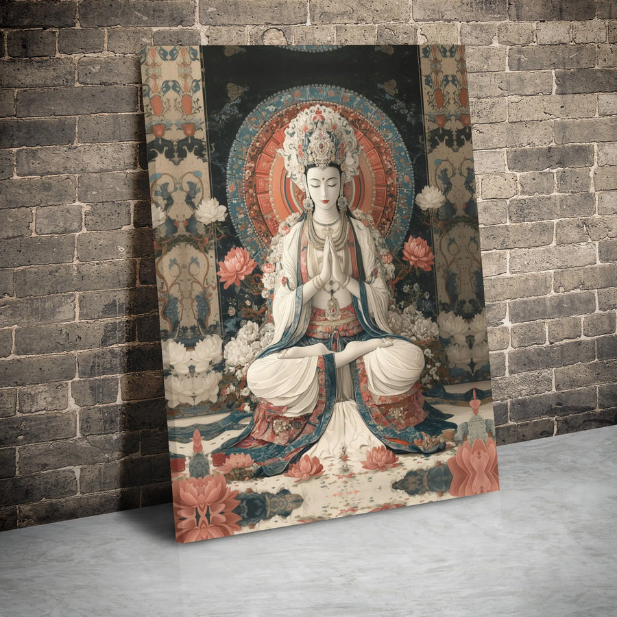 Meditating Guan Yin Canvas Print | Zen Buddha Wall Art with Lotus Mandala | Premium Gallery-Wrapped Decor | Spiritual Home Office Gift