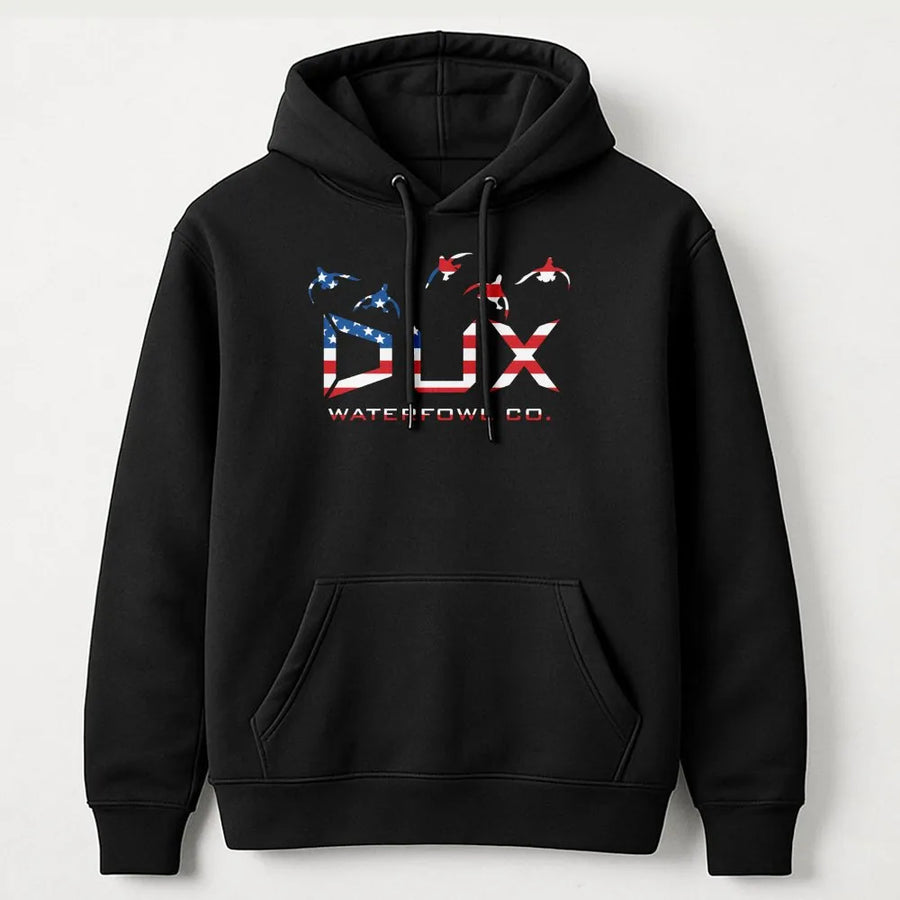 Duck Hunting Hoodie | American Flag Dux Waterfowl Design | Premium Cotton Blend | Gift For Outdoorsmen And Waterfowl Hunters