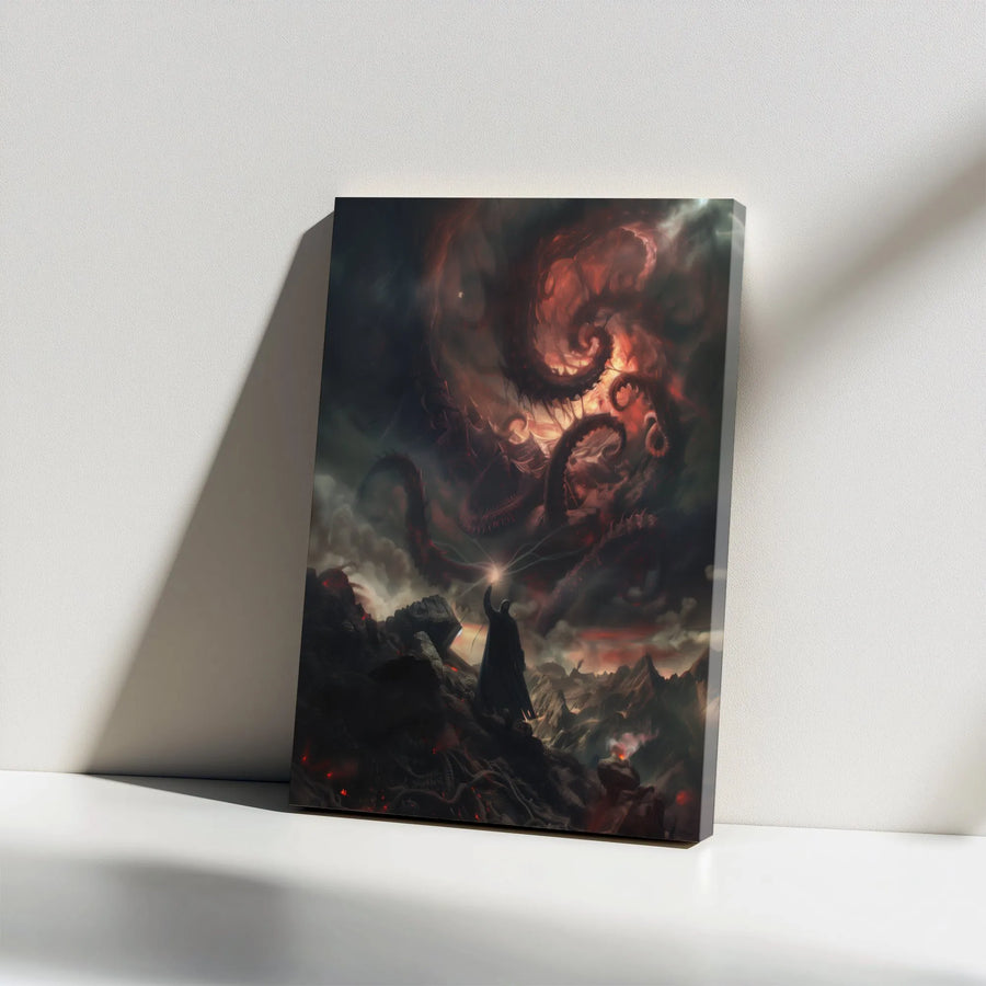 Dark Fantasy Wall Art | Eldritch Horror Tentacle Monster Battle | Gallery Wrap Canvas Print | Gothic Home Decor Gift for Gamers