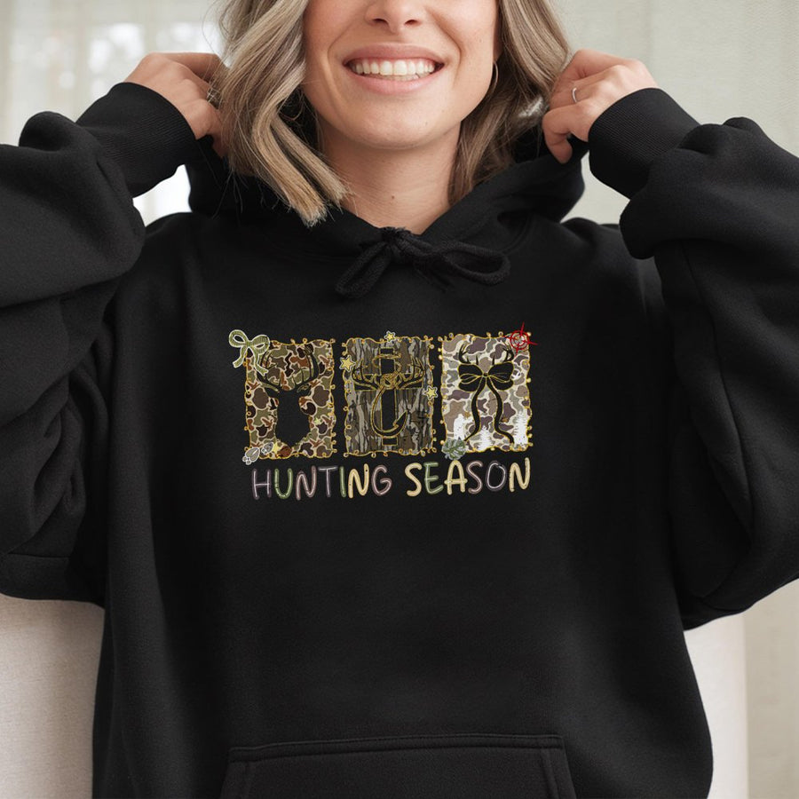 Hunting Season Hoodie | Camo Deer Antler Graphic | Premium Cotton Blend | Gift for Country Women and Outdoor Lovers