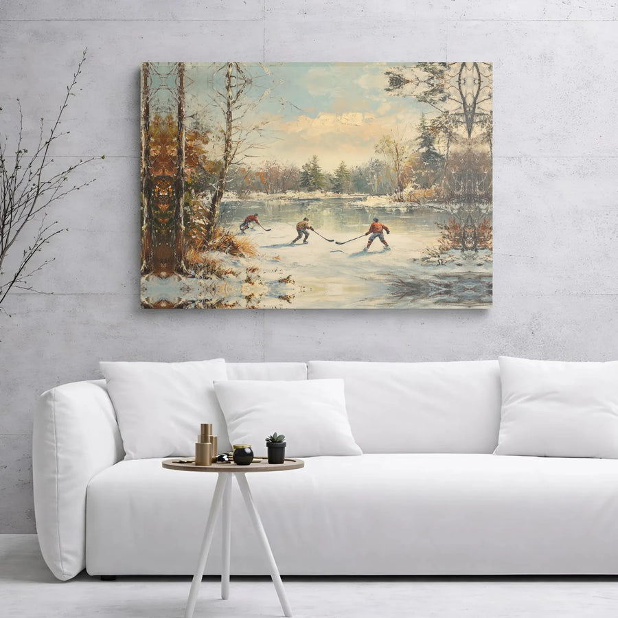 Vintage Hockey Art Canvas | Frozen Pond Winter Scene | Gallery Wrapped Premium Print | Sports Wall Decor for Hockey Fans