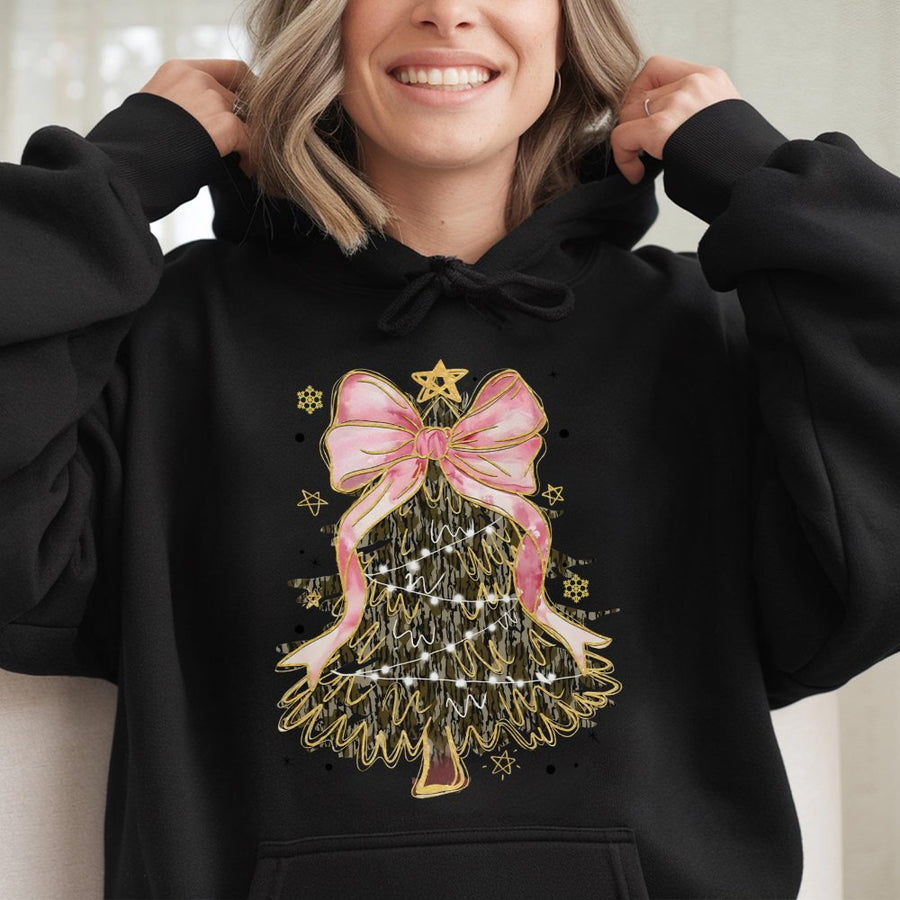 Camo Christmas Tree Hoodie | Pink Coquette Bow Graphic | Premium Cotton Blend | Trendy Holiday Gift for Women and Teens