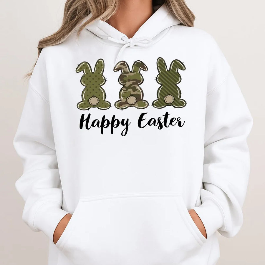 Camo Easter Bunny Hoodie | Trio Rabbit Graphic Sweatshirt | Premium Cotton-Blend Apparel | Festive Spring Gift For Women And Men
