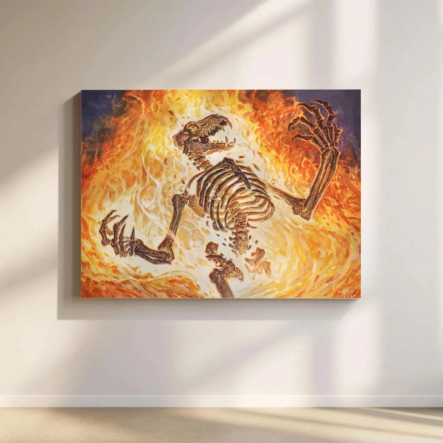 Sacred Fire Skeleton Canvas Wall Art | Fantasy Beast in Flames Painting | Premium Gallery Wrapped Canvas | Gothic Home Decor Gift for Fantasy Fan