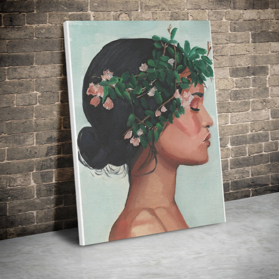 Floral Woman Portrait Canvas Print | Botanical Flower Crown Illustration | Premium Gallery Quality Canvas | Boho Chic Wall Decor Gift