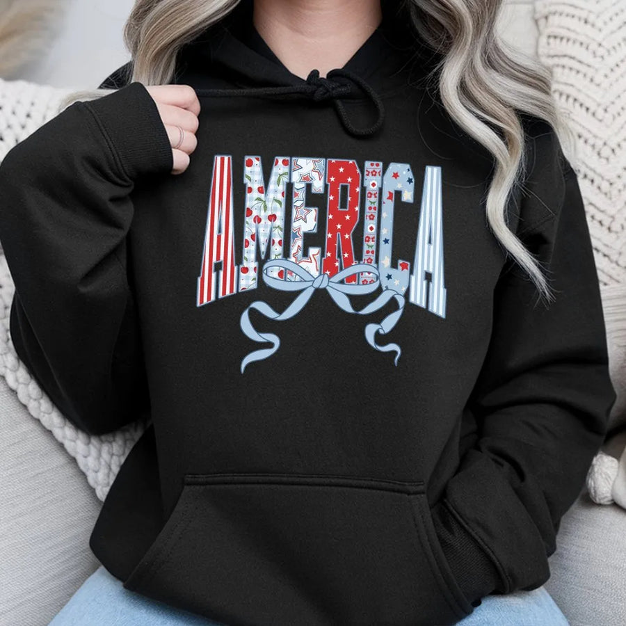Coquette America Hoodie | Retro USA Flag Bow Graphic | Soft Cotton Blend Sweatshirt | Patriotic 4th of July Gift for Women
