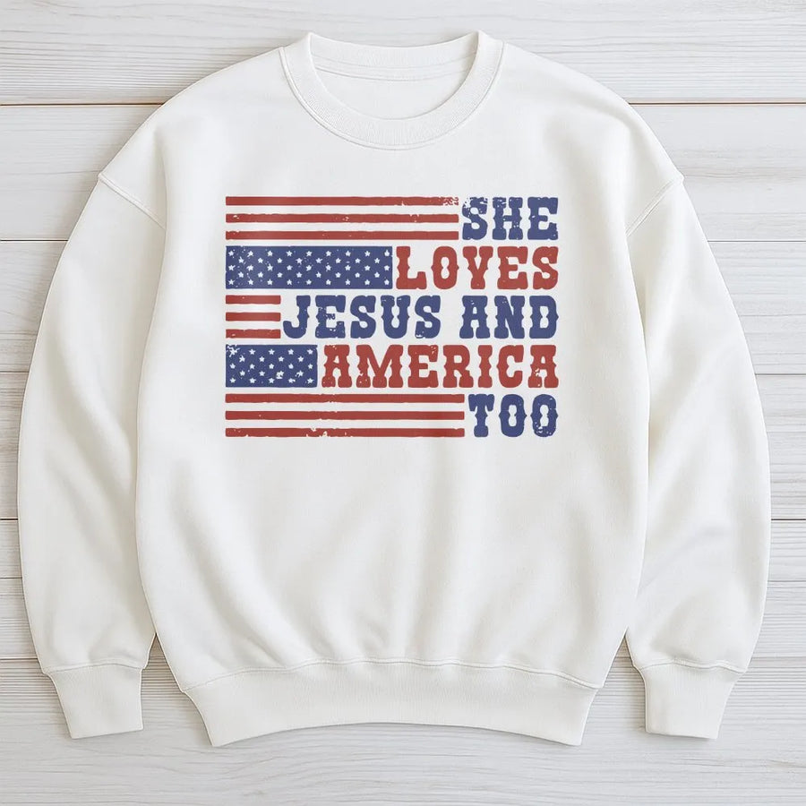 She Loves Jesus And America Too Sweatshirt | Retro Flag Graphic Print | Premium Cotton Blend | Patriotic Christian Gift For Women