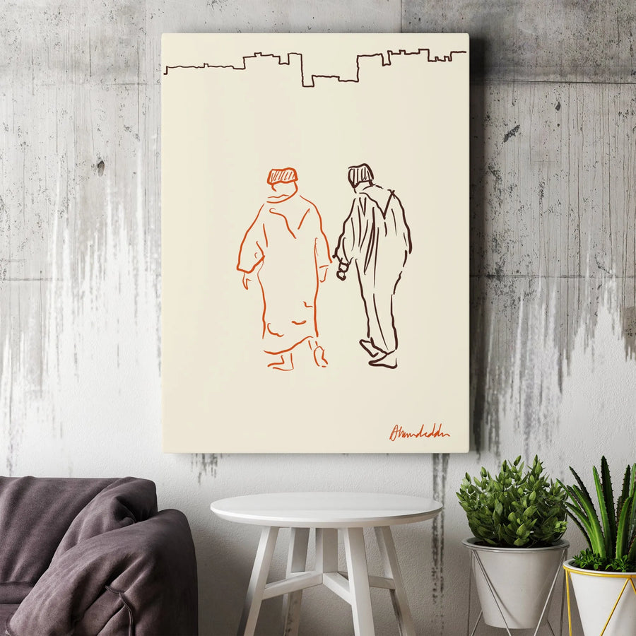 Minimalist Line Art Canvas | Two Men Holding Hands City Skyline | Premium Gallery Wrap Print | Modern LGBTQ+ Home Decor Gift