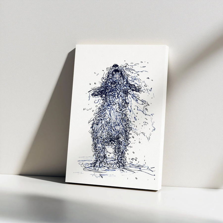 Wet Dog Shaking Canvas Print | Abstract Blue Ink Scribble Sketch | Premium Gallery Wrap Wall Art | Modern Animal Home Decor Gift