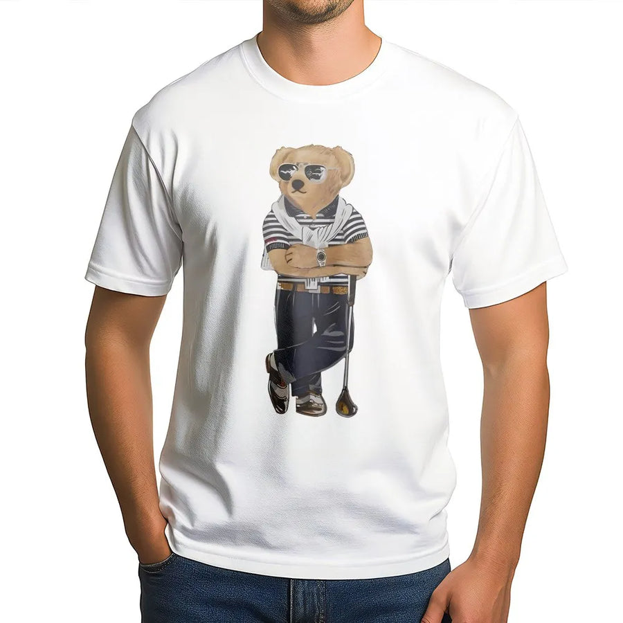 Golf Bear Graphic T-Shirt | Preppy Polo Style Golfer Illustration | Premium Soft Cotton Tee | Perfect Golf Gift For Men And Women