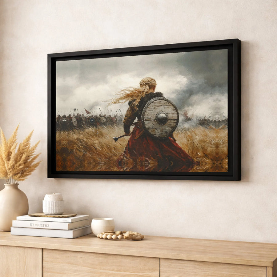 Viking Shield Maiden Canvas Wall Art | Warrior Woman Battle Scene Print | Premium Gallery Wrapped Decor | Gift for History Lovers
