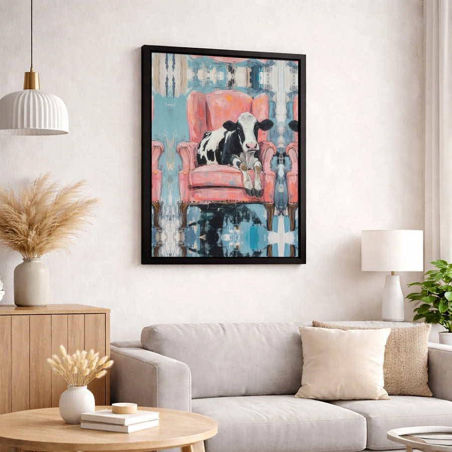 Cow in Pink Armchair Canvas Wall Art | Whimsical Abstract Farmhouse Decor | Premium Gallery Wrap Print | Unique Living Room Statement Piece