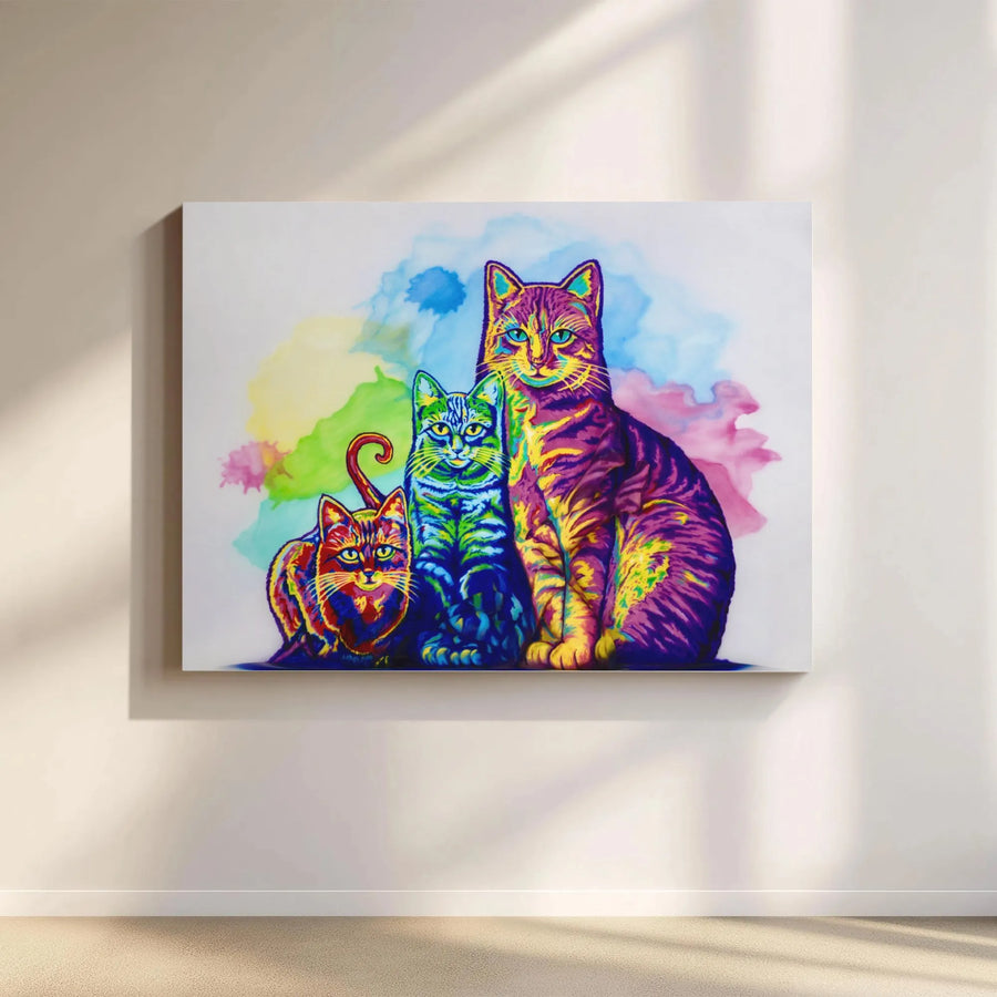 Colorful Cat Canvas Wall Art | Vibrant Pop Art Kitty Trio Painting | Premium Gallery Wrap 1.25" Thick | Modern Home Decor Gift for Cat Lover