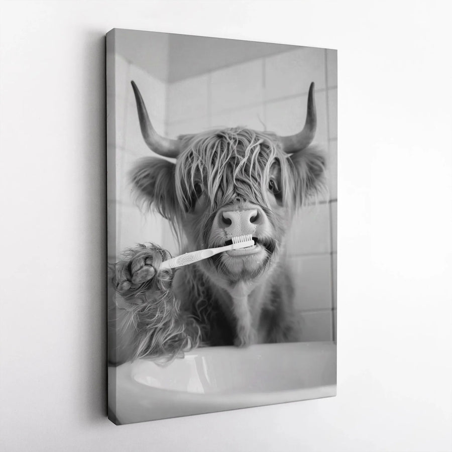 Funny Highland Cow Bathroom Wall Art | Brushing Teeth Portrait | Premium 1.25" Gallery Canvas | Farmhouse Decor Gift for Animal Lovers