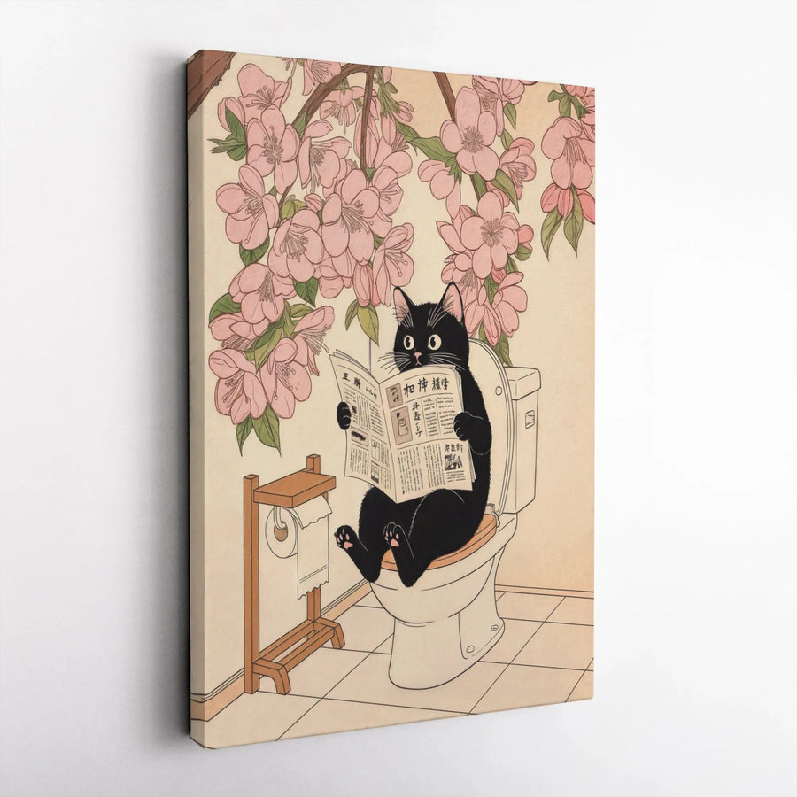 Cat Reading Newspaper on Toilet Vertical Canvas | Funny Japanese Ukiyo-e Style Wall Art | Premium Canvas Print | Unique Bathroom Decor Gift for Cat Lovers
