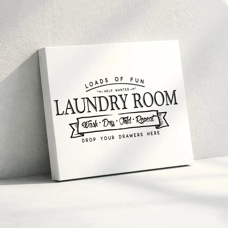 Laundry Room Wall Art | Wash Dry Fold Repeat Typography Sign | Premium Gallery Wrap Canvas | Humorous Home Decor Gift