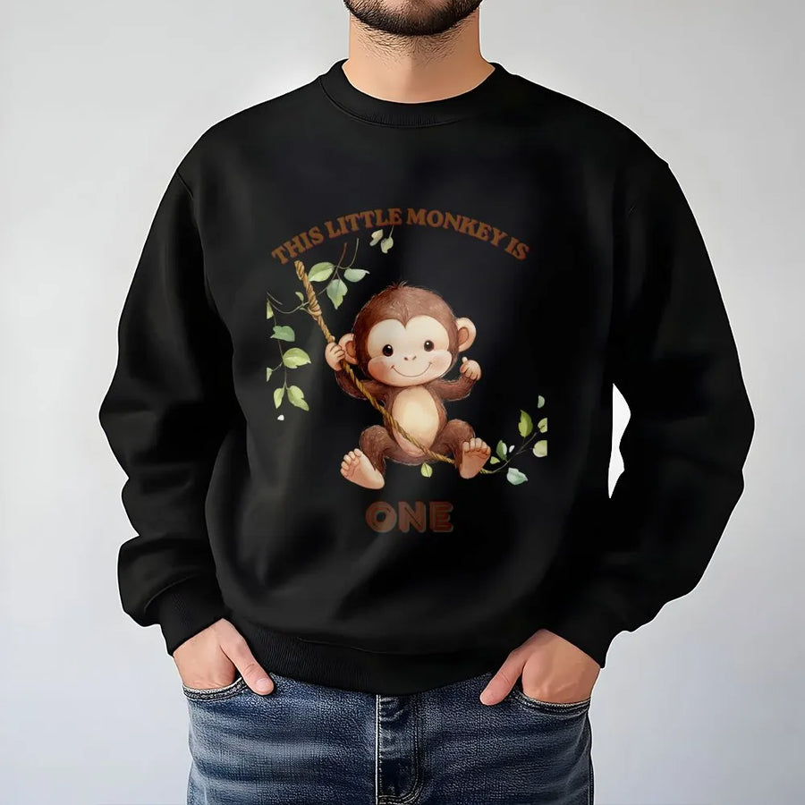 Monkey 1st Birthday Sweatshirt | This Little Monkey Is One Graphic | Soft Cotton Blend Pullover | Mom's First Birthday Party Gift