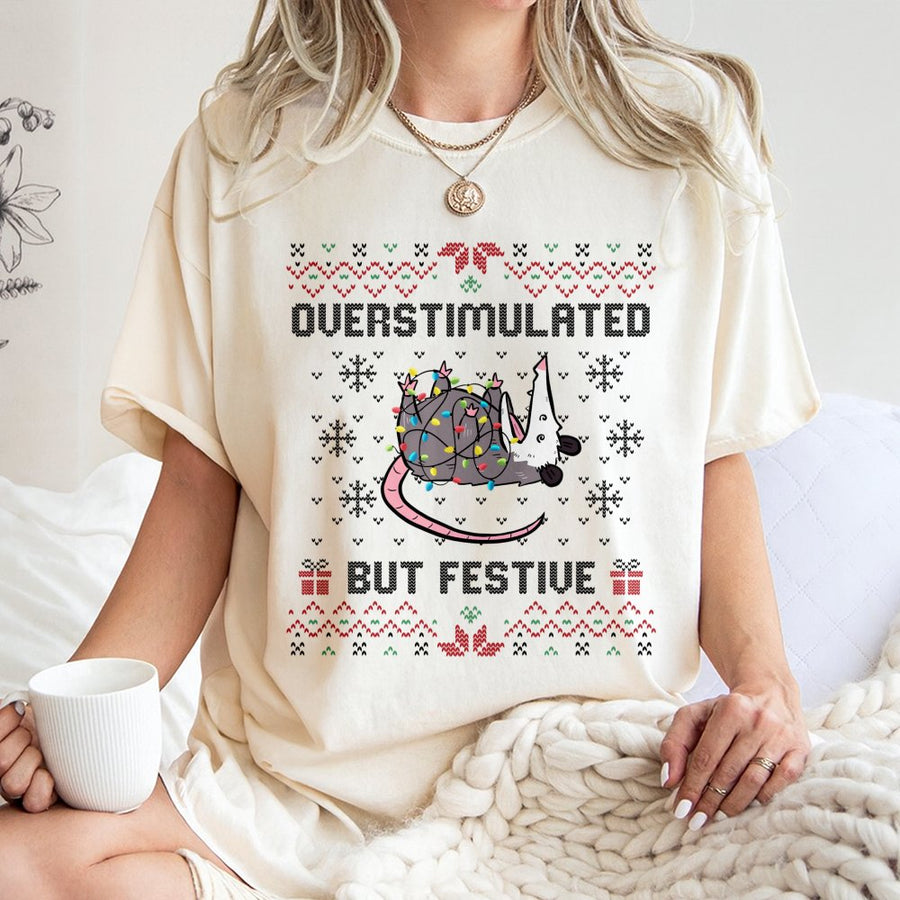 Overstimulated But Festive Opossum T-Shirt | Funny Ugly Christmas Sweater Style Graphic | 100% Cotton Premium Tee | Unique Holiday Gift for Animal Lovers