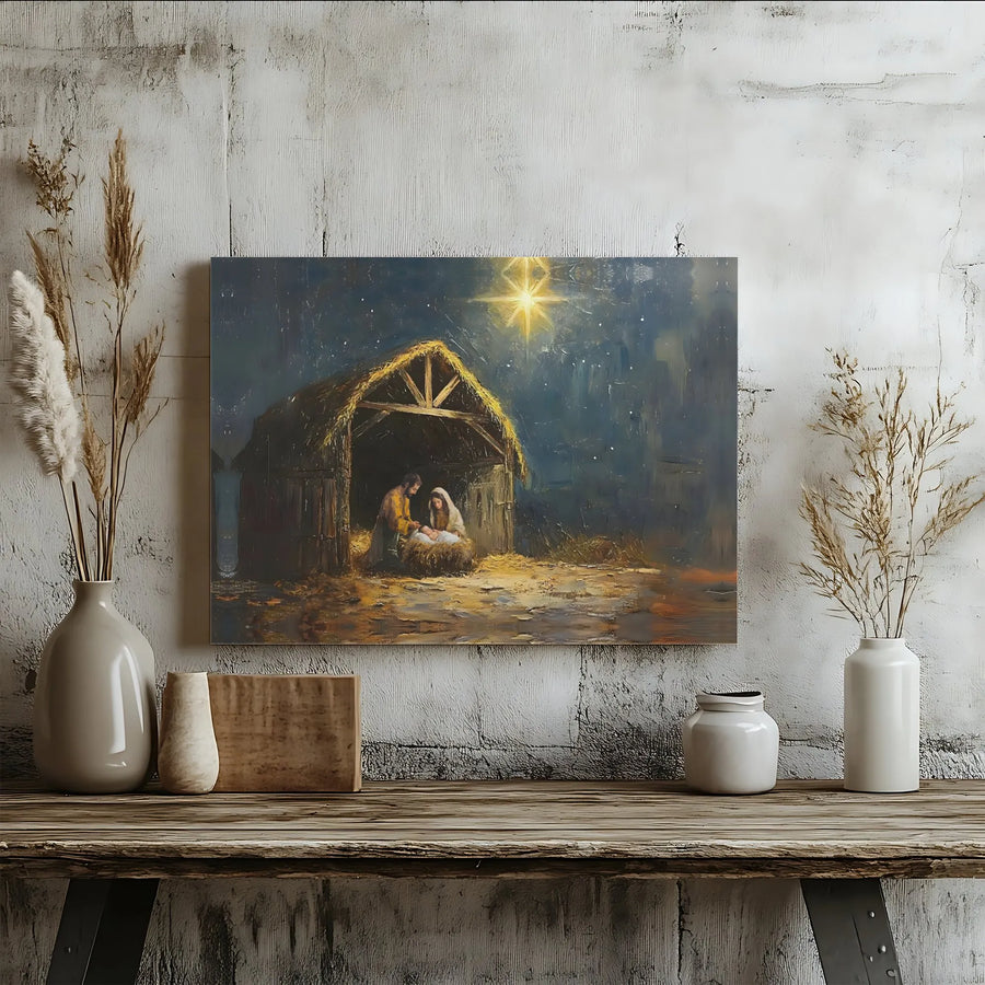 Nativity Scene Canvas Print | Holy Family Oil Painting Style | Premium Gallery Wrapped Wall Art | Christian Christmas Decor Gift