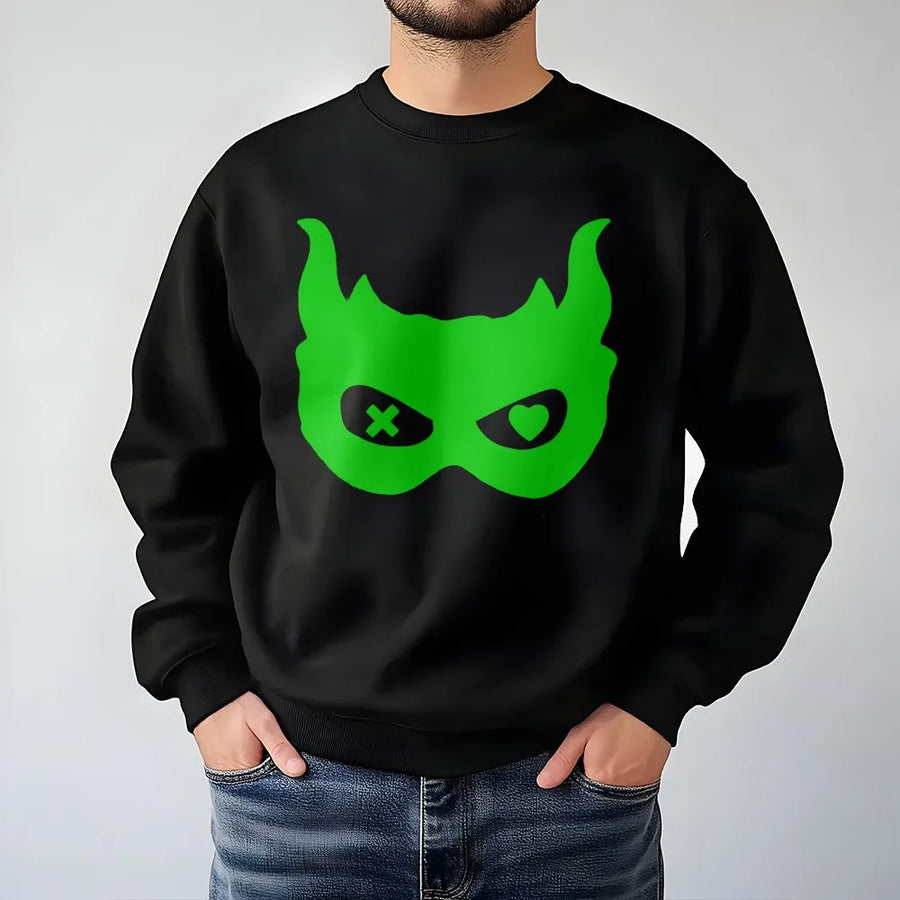 Devil Mask Graphic Sweatshirt | Heart and X Eyes Neon Print | Soft Cotton T-Shirt | Unique Unisex Streetwear Gift