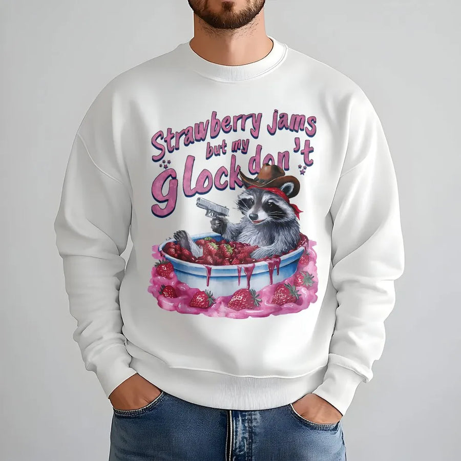 Funny Raccoon Sweatshirt | Strawberry Jams Glock Don't Cowboy Design | Premium Cotton Blend | Quirky Gift for Animal Lovers and Meme Fans