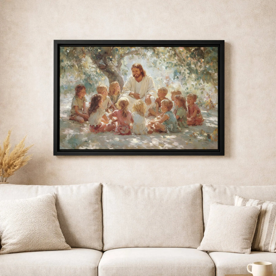 Jesus With Children Wall Art | Religious Oil Painting Style Print | Premium Gallery Wrapped Canvas | Christian Home Decor Gift