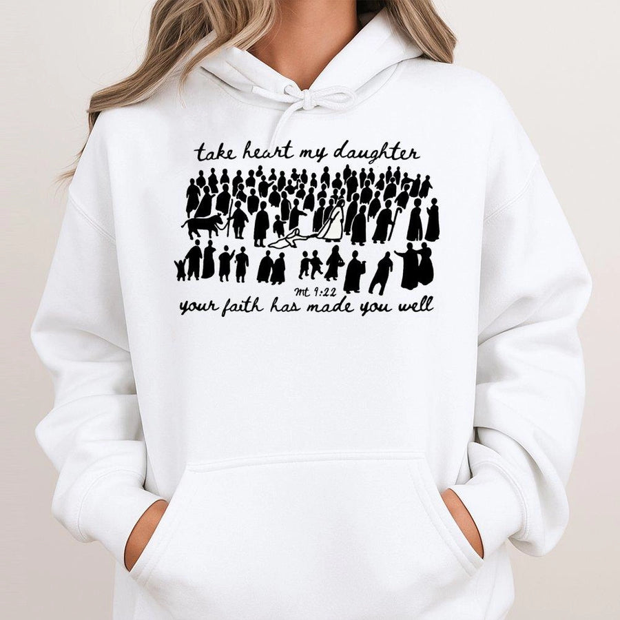 Christian Bible Verse Hoodie | Take Heart My Daughter Matthew 9:22 Graphic | Premium Cotton-Blend Comfort | Faith-Based Gift For Women