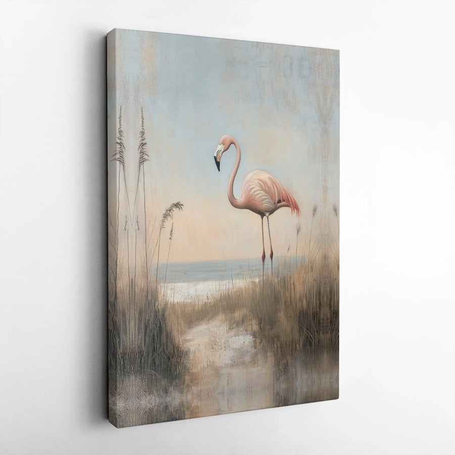 Flamingo Canvas Wall Art | Vintage Coastal Bird Painting | Premium Gallery Wrapped Canvas | Nautical Home Decor Gift