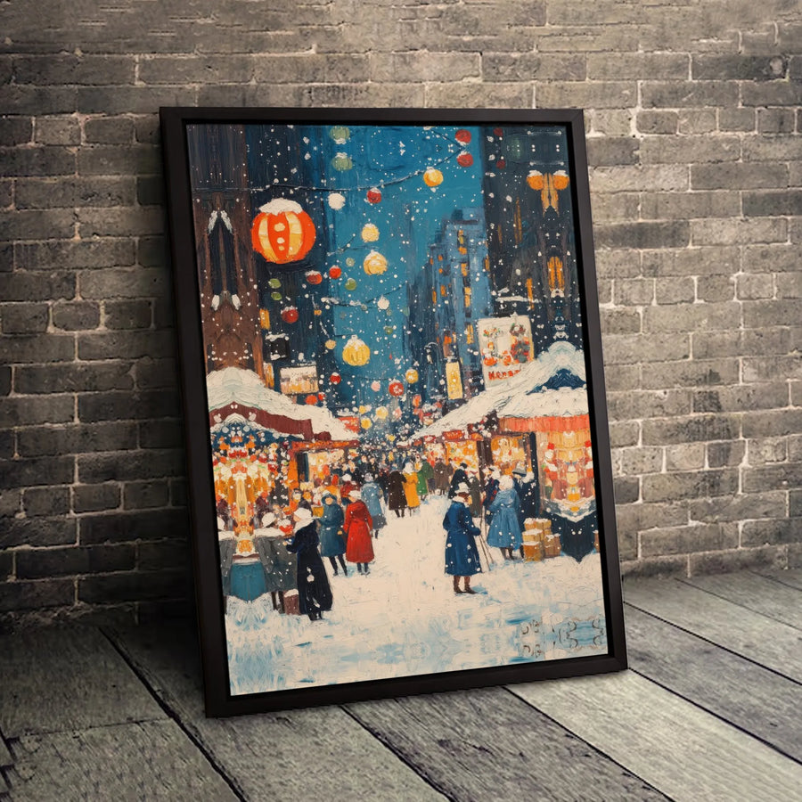 Snowy Christmas Market Canvas Art | Impressionist Winter Village Night Scene | Gallery Wrapped Premium Print | Cozy Holiday Home Decor Gift