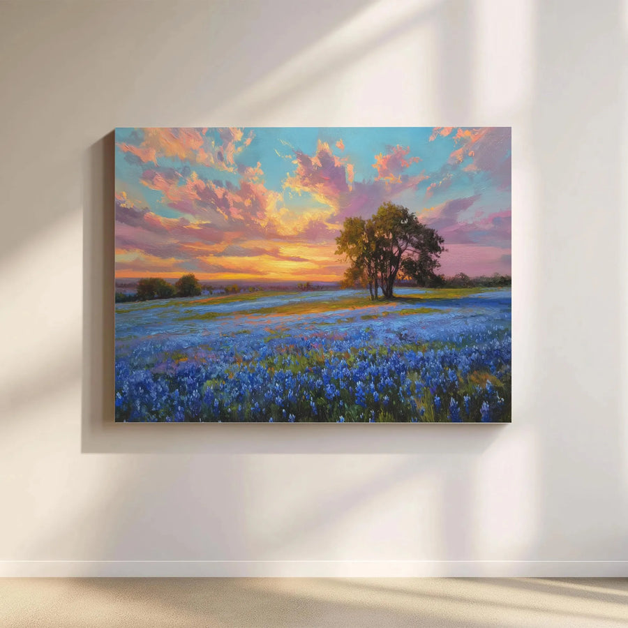 Texas Bluebonnet Field Canvas Wall Art | Impressionist Sunset Landscape Painting | Gallery Wrapped Premium Decor | Nature Lover Living Room Gift