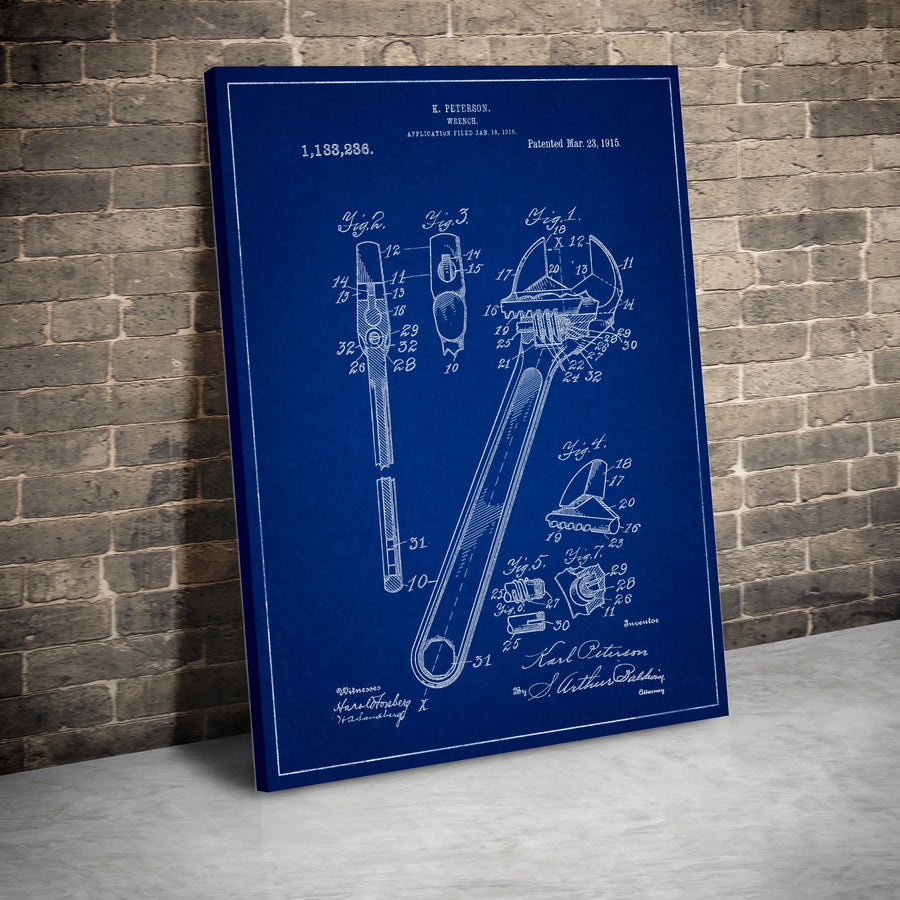 Wrench Patent Blueprint Art | 1915 Industrial Tool Technical Drawing | Premium Gallery Canvas | Workshop Office Wall Decor Gift For Him