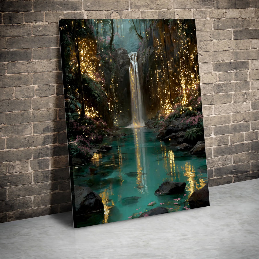 Enchanted Forest Waterfall Canvas Art | Glowing Fairy Light Fantasy Landscape | Premium 1.25-Inch Gallery Wrap | Whimsical Nature Home Decor Gift