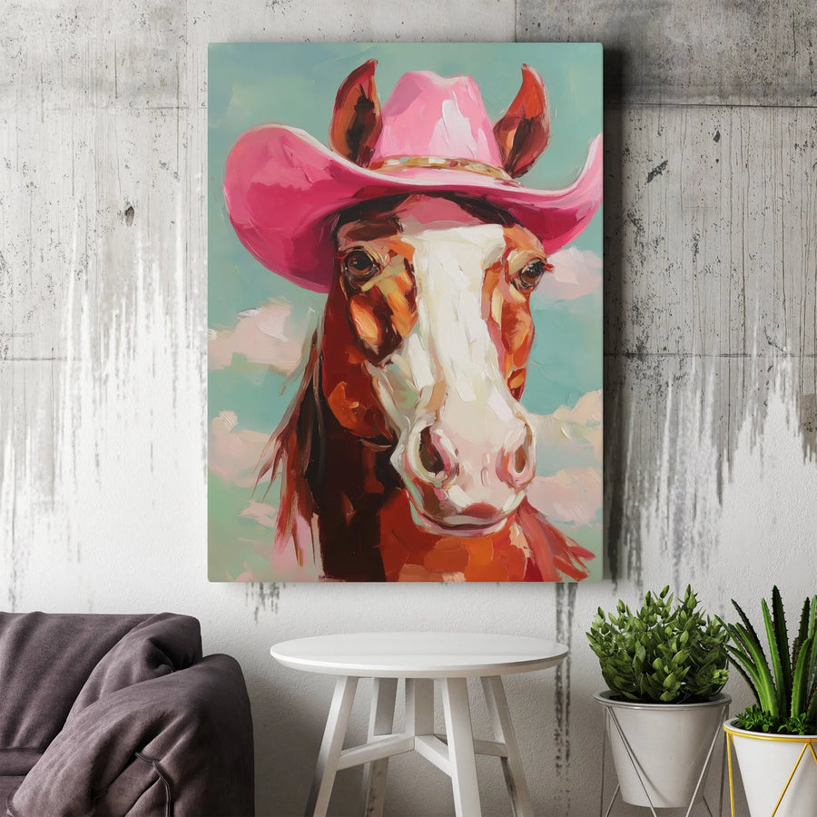 Cowgirl Horse Canvas Print | Pink Cowboy Hat Painterly Wall Art | Thick Gallery Wrapped Canvas | Western Home Decor Gift for Her
