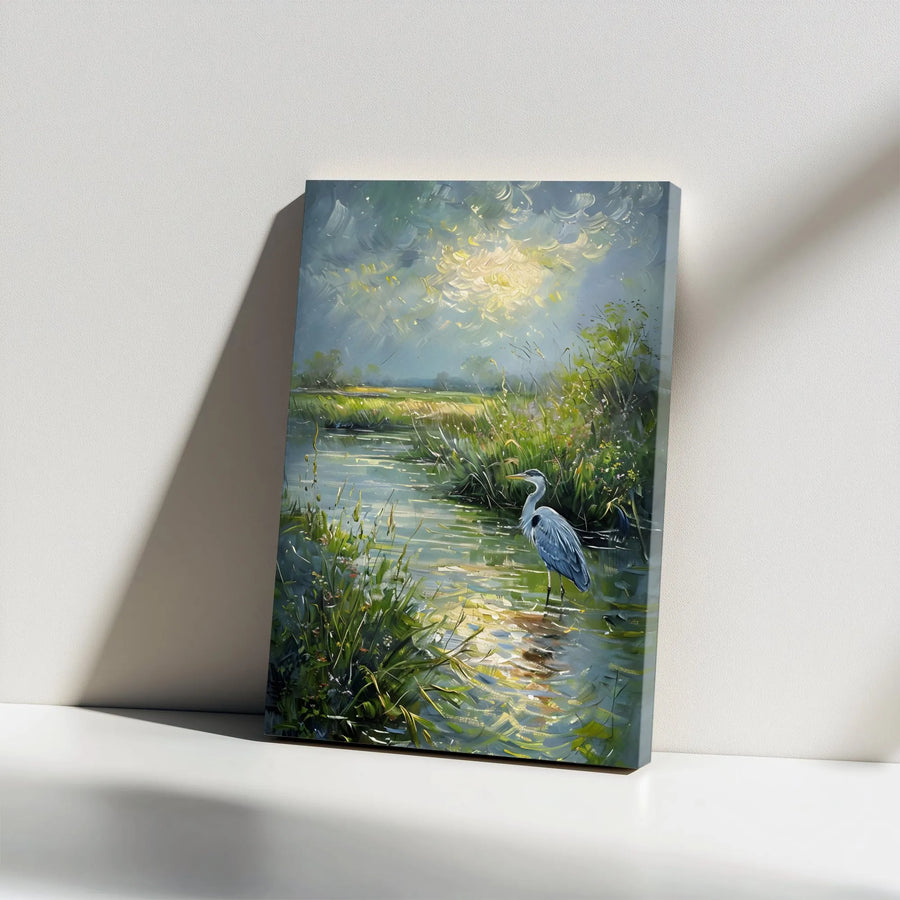 Great Blue Heron Canvas Art | Impressionist Marshland Landscape | Premium Gallery Wrap Print | Nature Home Decor Gift for Bird Lovers