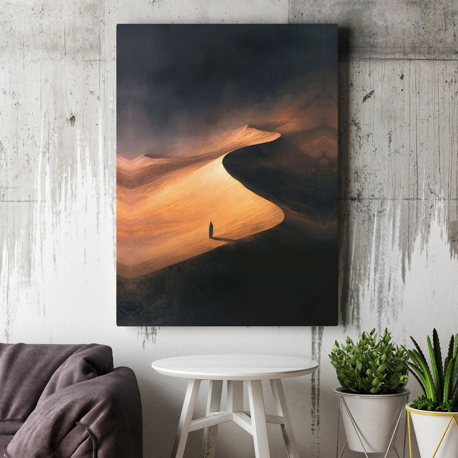Desert Landscape Canvas Wall Art | Solitary Figure Golden Sand Dune Print | Premium 1.25” Gallery Wrap | Modern Minimalist Home Decor Gift