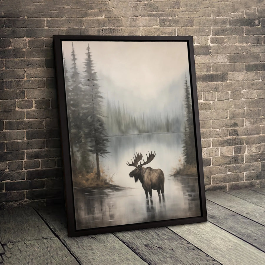 Moose Canvas Wall Art | Misty Forest Lake Landscape | 1.25 Inch Premium Gallery Wrap | Rustic Nature Home Decor Gift for Wilderness Lovers