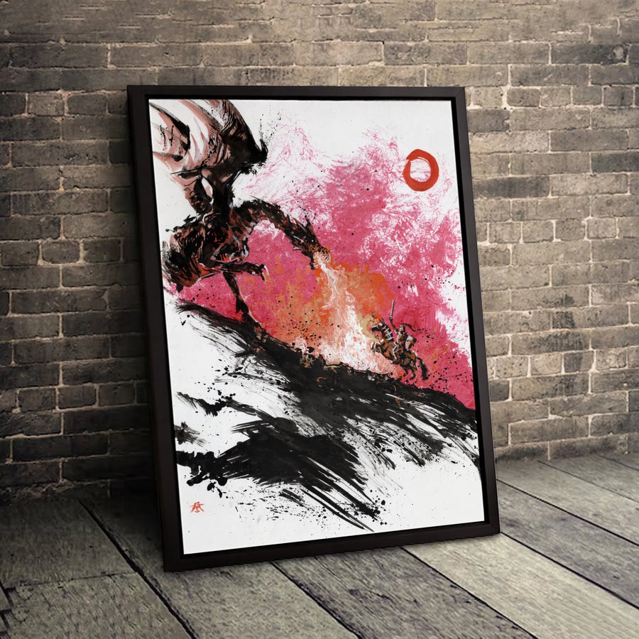Dragon Fighting Knight Canvas Art | Sumi-E Ink Wash Painting | Premium Gallery Wrapped Wall Decor | Fantasy Collector's Gift for Office or Home