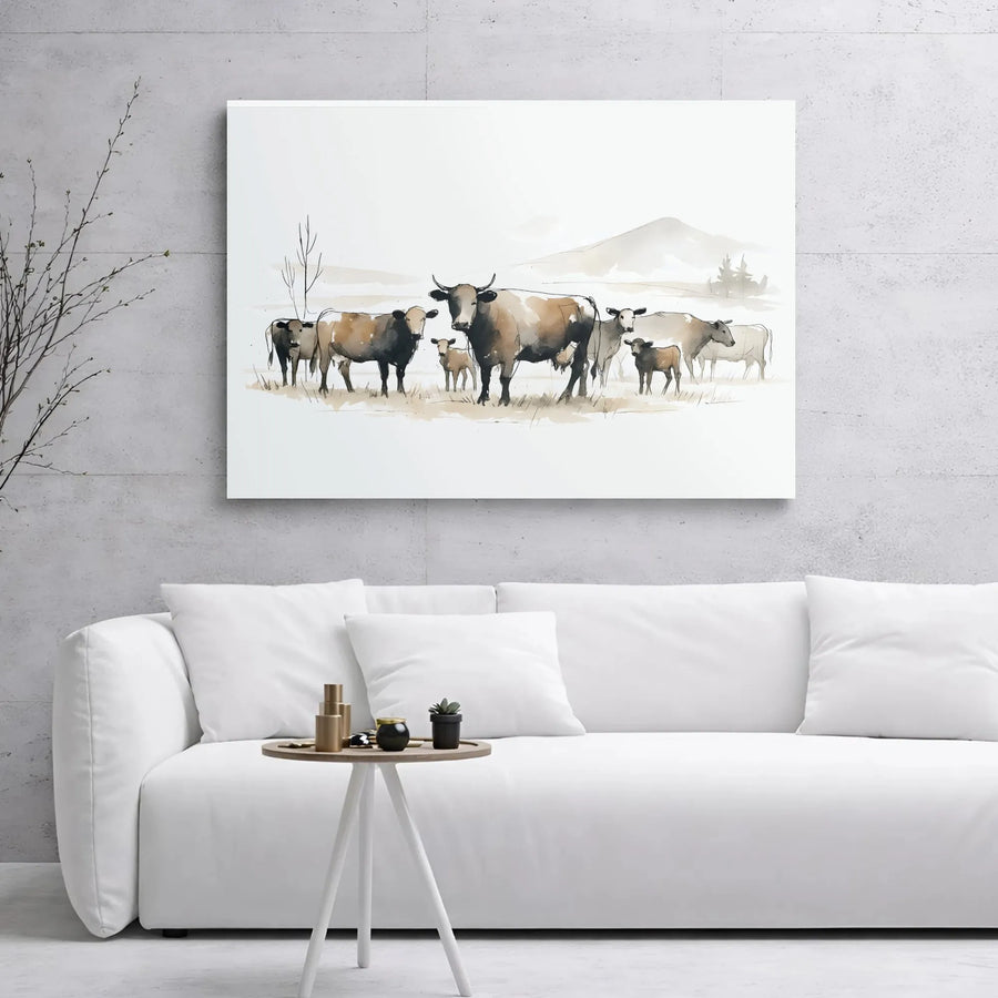 Farmhouse Cow Canvas Wall Art | Watercolor Herd Painting | 1.25 Inch Gallery Wrap Print | Rustic Country Living Room Home Decor