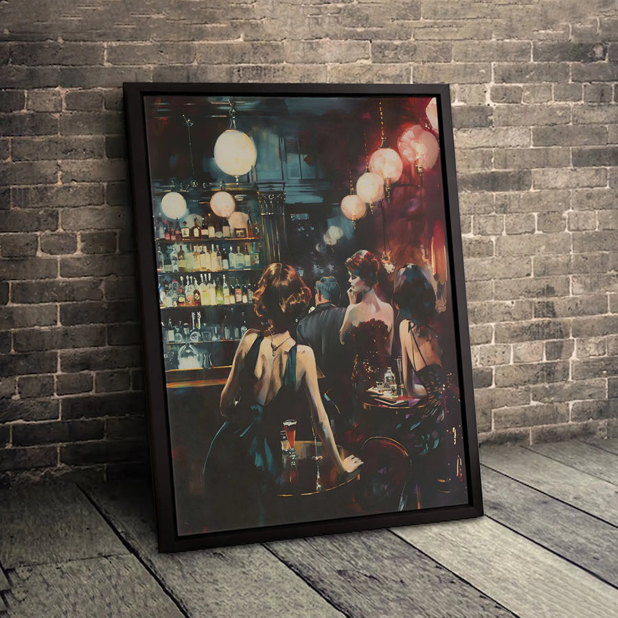 Vintage Cocktail Bar Canvas Art | Elegant Women Nightlife Scene | Premium Gallery Wrap Print | Sophisticated Home Decor Wall Art