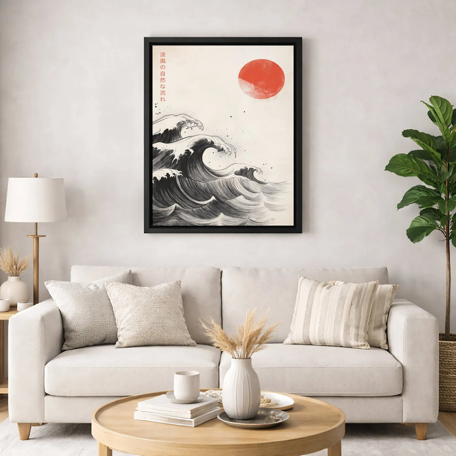 Japanese Ocean Wave Canvas Wall Art | Ukiyo-E Inspired Red Sun Print | Premium Gallery Wrapped 1.25" Profile | Zen Home Office Decor Gift