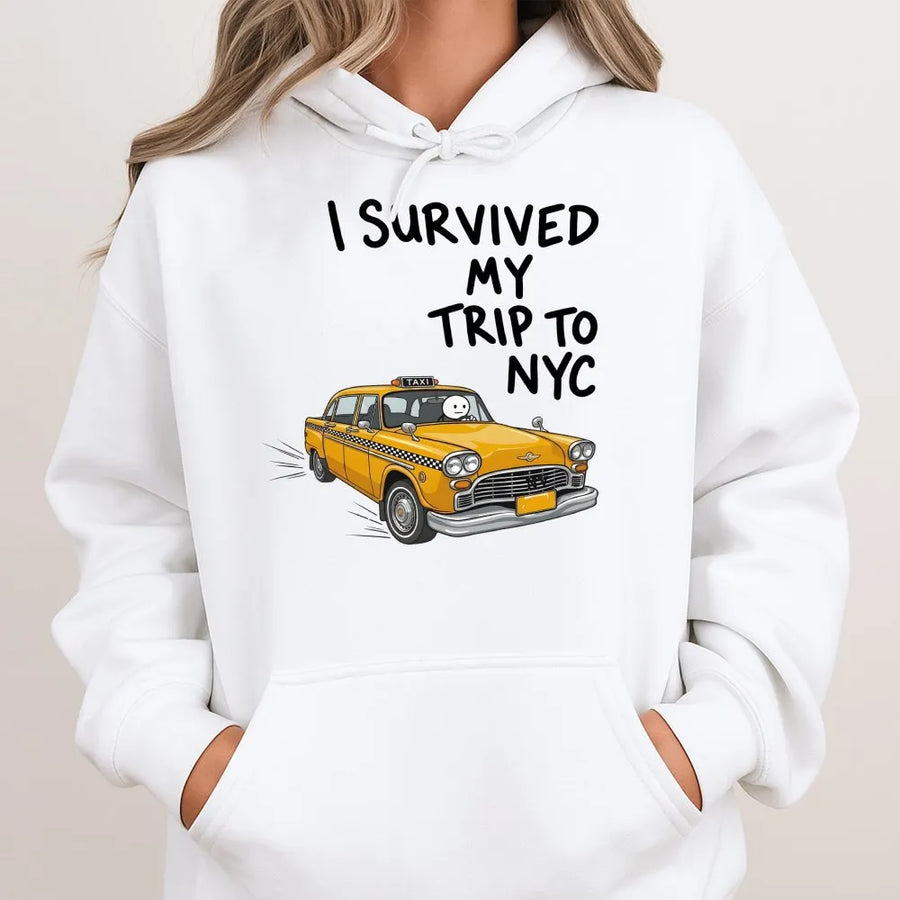 I Survived My Trip To NYC Hoodie | Funny New York Yellow Taxi Graphic | Soft Cotton Blend Pullover | Premium Traveler Gift Souvenir