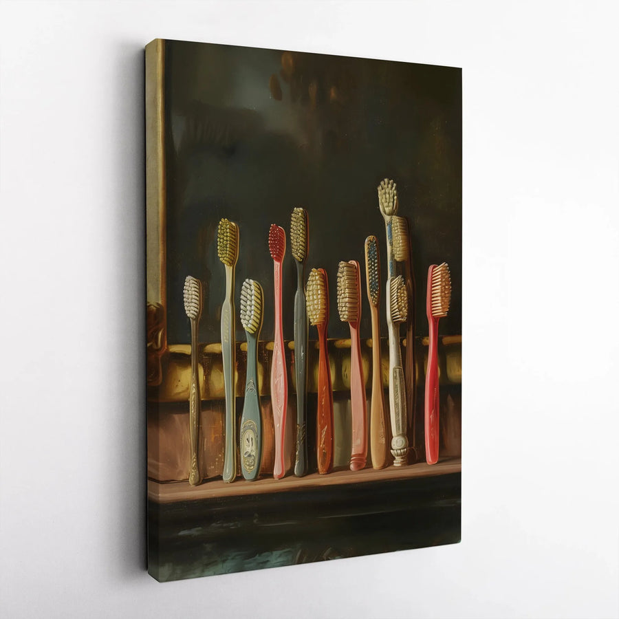 Vintage Toothbrush Still Life Canvas Print | Artistic Bathroom Wall Decor | Premium Gallery Wrap | Unique Dentist Office Gift