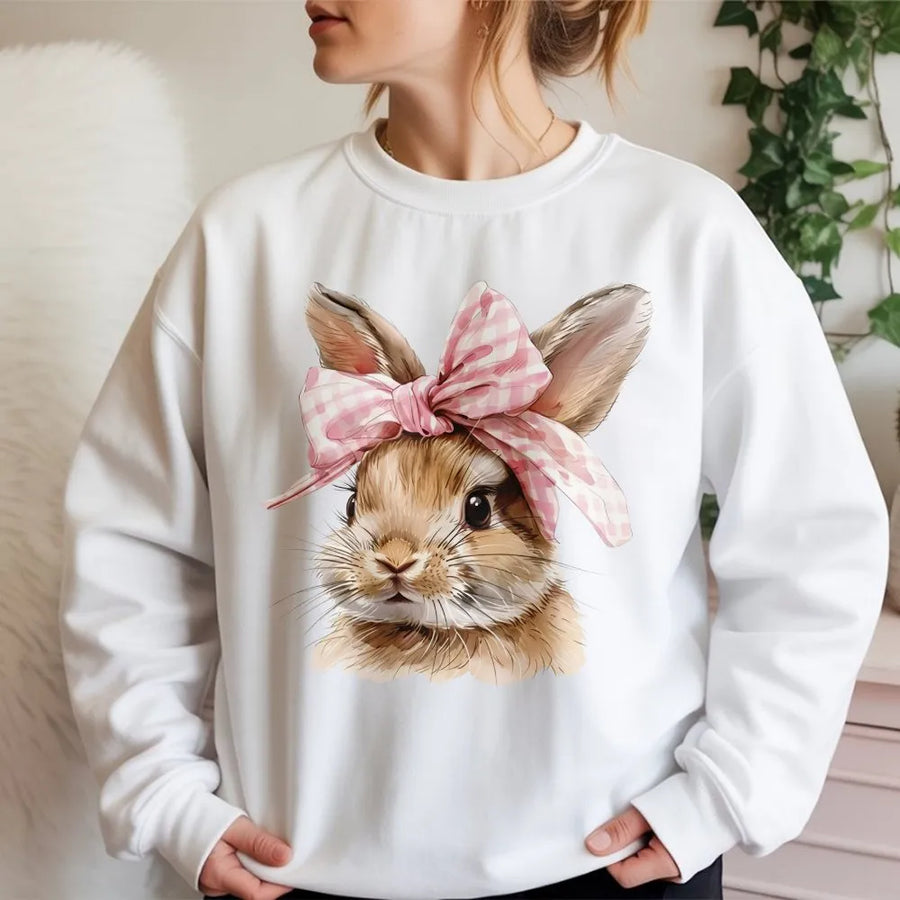Easter Bunny Sweatshirt | Cute Coquette Pink Bow Rabbit Graphic | Premium Cotton Blend | Gift for Women and Teens