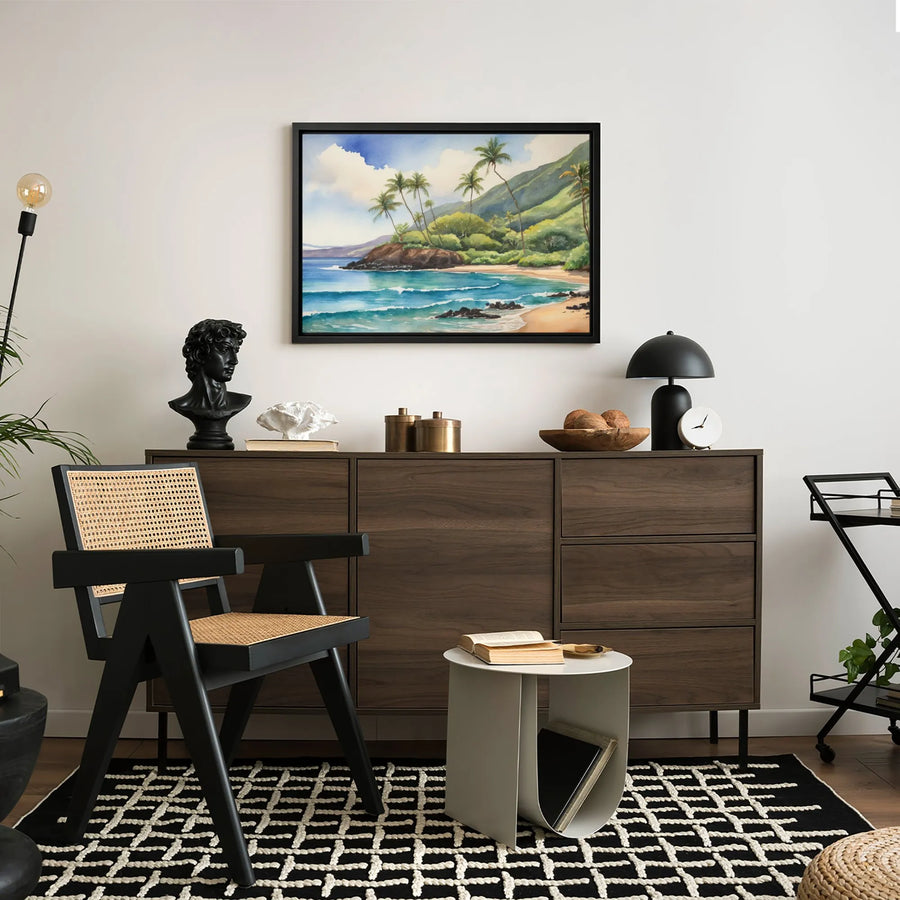 Tropical Beach Canvas Wall Art | Watercolor Palm Tree Ocean Landscape | Premium Gallery Wrapped Print | Coastal Home Decor Gift