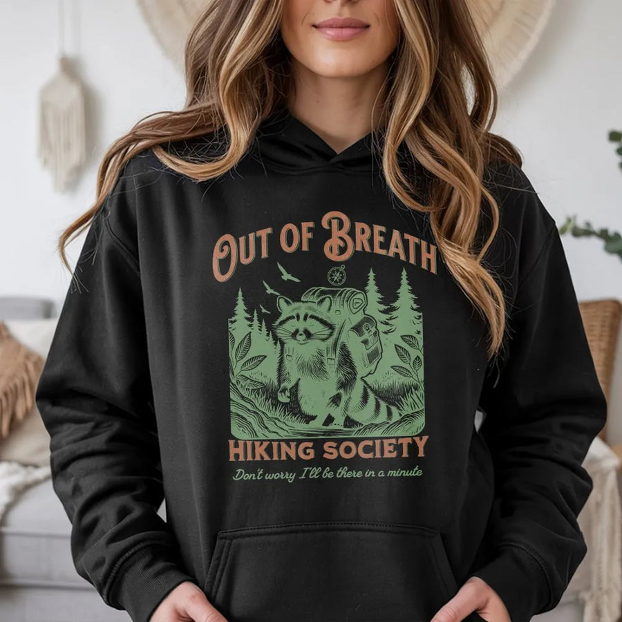 Out of Breath Hiking Society Hoodie | Vintage Raccoon Graphic | Soft Fleece Pullover | Gift for Hiker and Outdoor Lover
