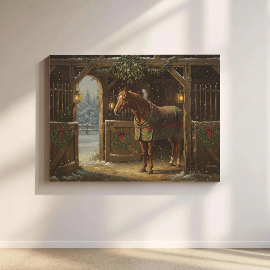Christmas Horse Stable Wall Art | Snowy Winter Farmhouse Decor | Premium Fade-Resistant Canvas | Holiday Gift for Equestrian Lovers