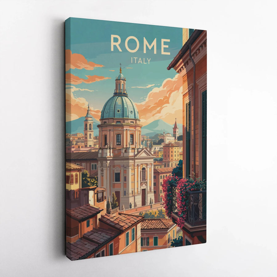Rome Italy Canvas Wall Art | Vintage Travel Poster Style Illustration | Premium 1.25" Thick Gallery Wrap | Italian Home Decor Gift
